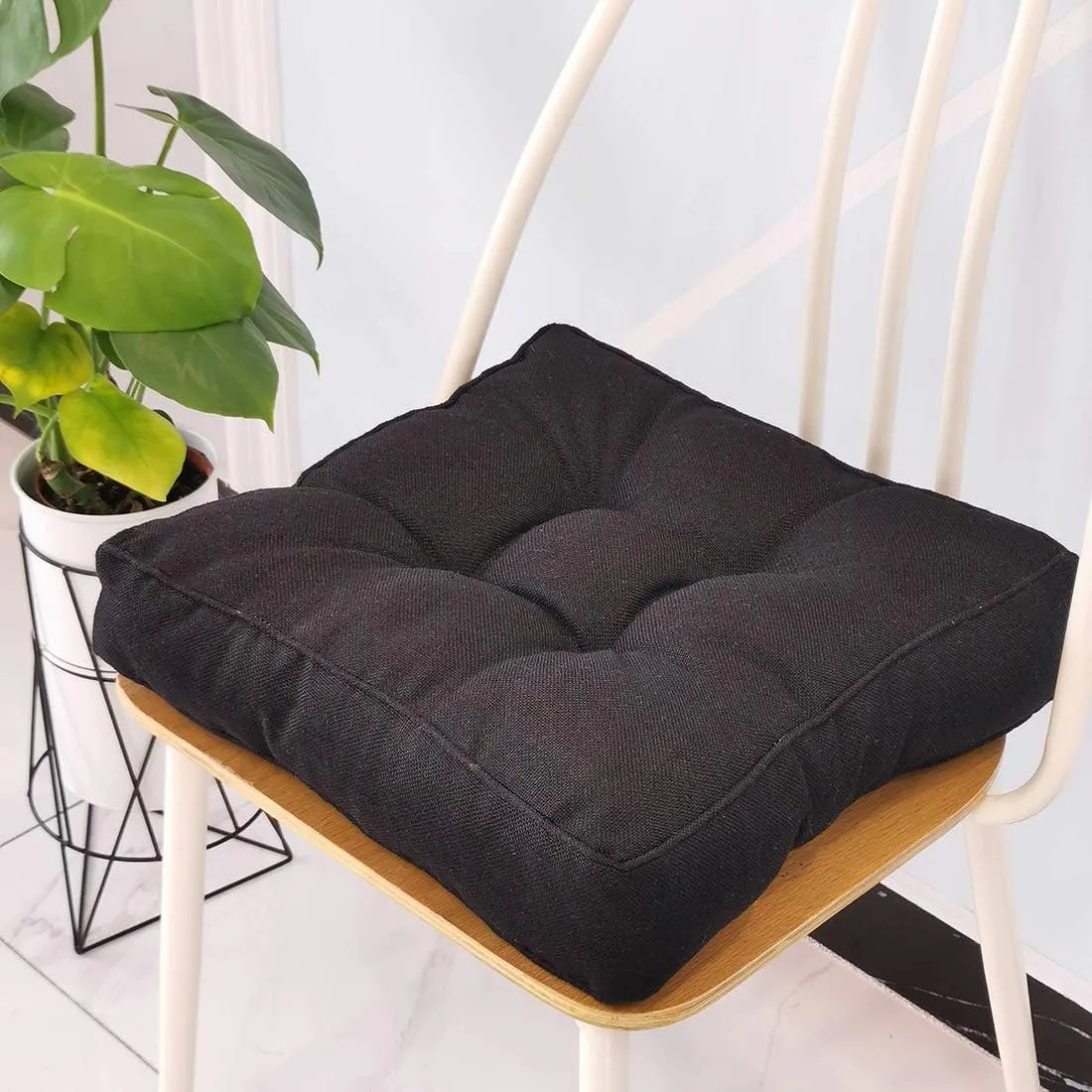 vctops Faux Linen Square Padded Chair Seat Cushion,Soft Solid Chair Pads,Comfortable Sitting for Office,Home or Car 20"x20" Black