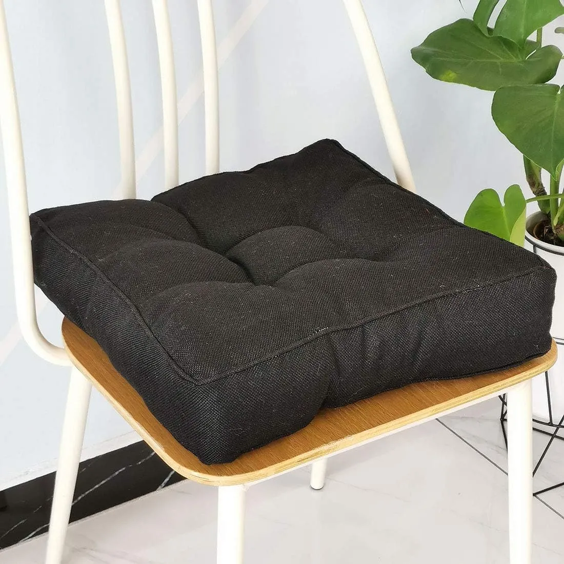 vctops Faux Linen Square Padded Chair Seat Cushion,Soft Solid Chair Pads,Comfortable Sitting for Office,Home or Car 20"x20" Black