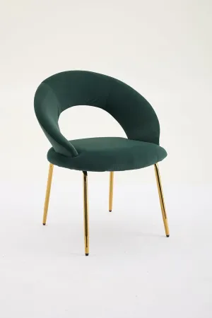 Velvet Fabric Dining Chair with Curved Backrest, Golden Metal Legs (Green)