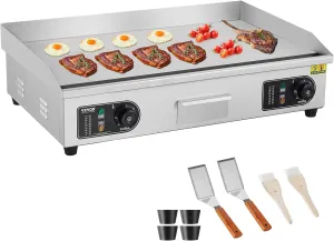 VEVOR Commercial Electric Griddle, 2800W Countertop Flat Top Grill, 122℉-572 ℉ Adjustable Temp, 29in Stainless Steel Griddle Grill with 2 Shovels and 2 Brushes for Home or Restaurant(110V No Plug)
