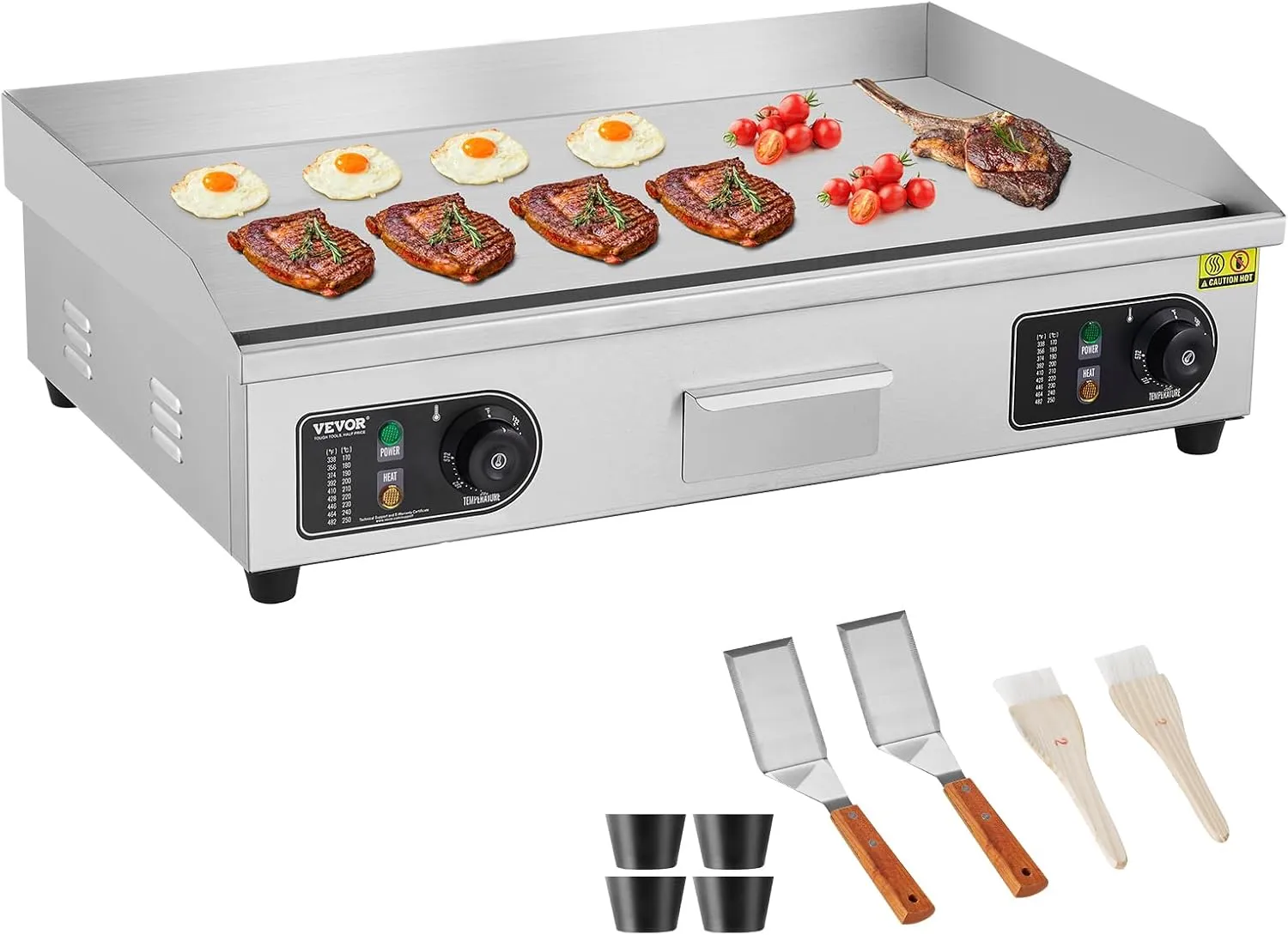 VEVOR Commercial Electric Griddle, 2800W Countertop Flat Top Grill, 122℉-572 ℉ Adjustable Temp, 29in Stainless Steel Griddle Grill with 2 Shovels and 2 Brushes for Home or Restaurant(110V No Plug)