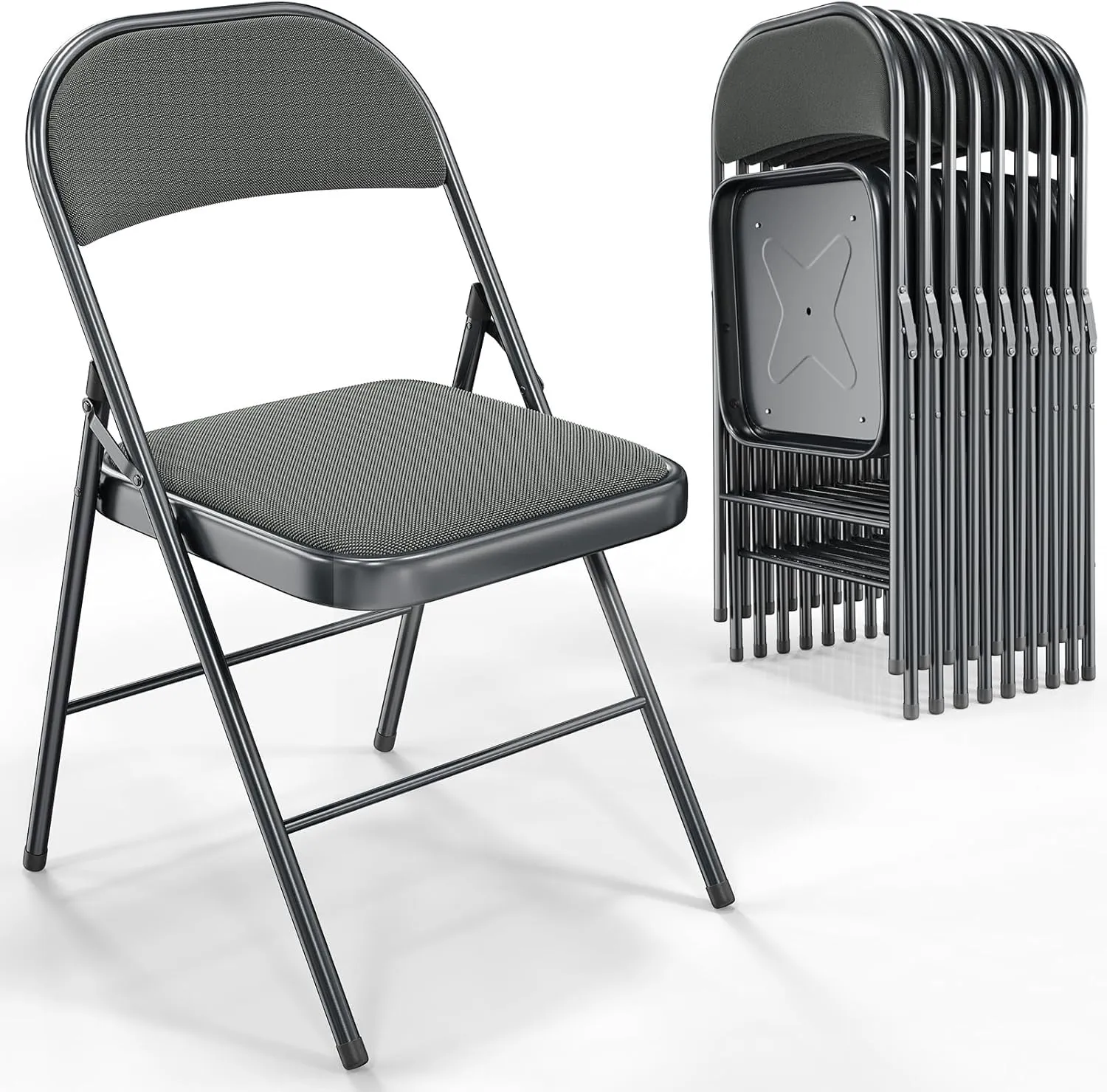VINGLI 10 Pack Folding Chairs with Padded Seats, Metal Frame with Fabric Seat & Back, Capacity 350 lbs, Gray, Set of 10