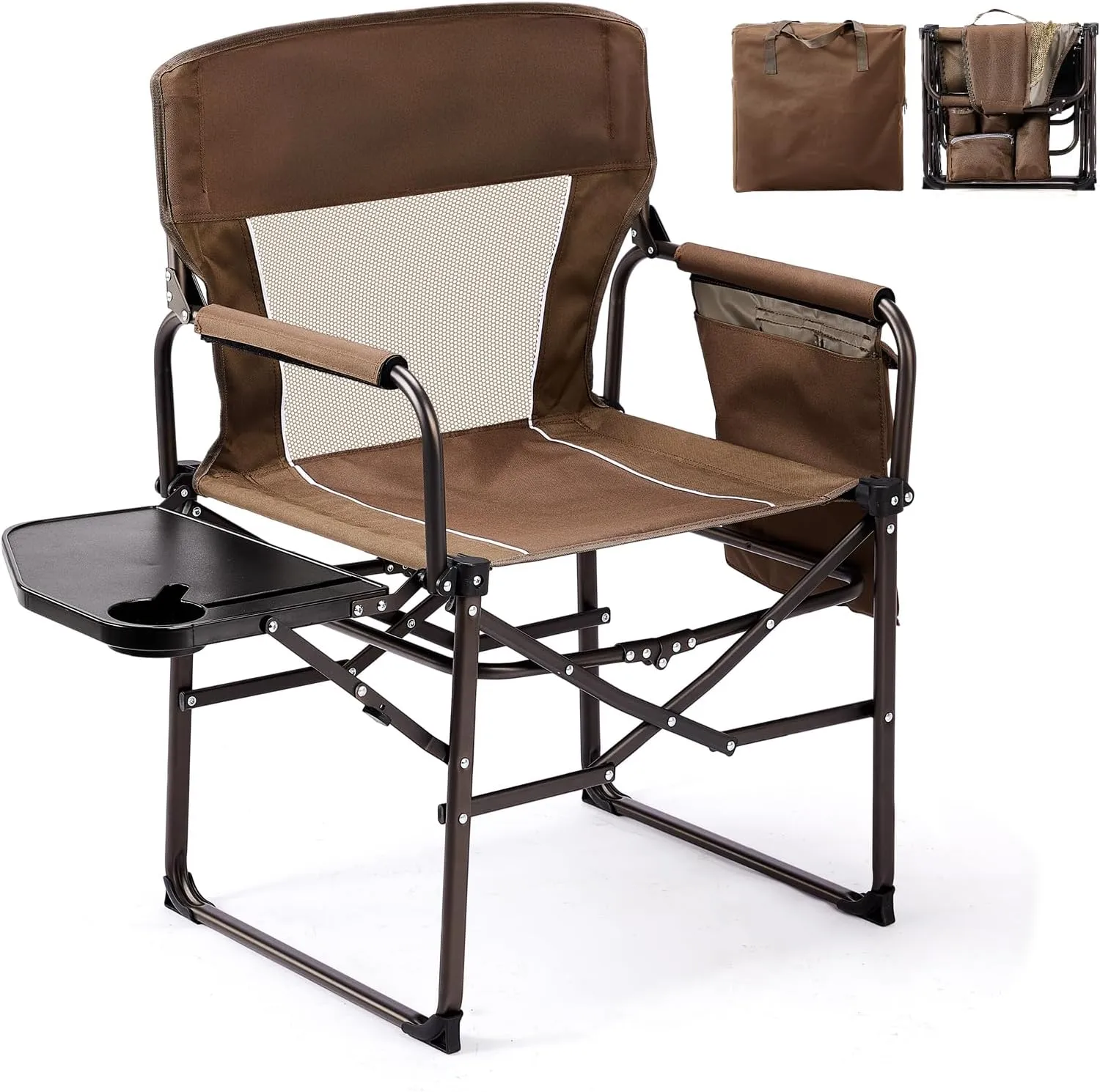 VINGLI Camping Chairs, Directors Chair, Camping Chair with Side Table & Carry Bag，Heavy Duty Camping Chairs for Adults, Portable Folding Camping Chair, Pocket for Beach, Fishing,Trip,Picnic,Lawn-Brown