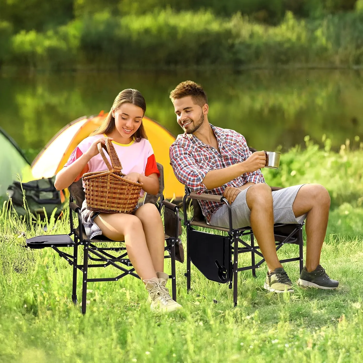 VINGLI Camping Chairs, Directors Chair, Camping Chair with Side Table & Carry Bag，Heavy Duty Camping Chairs for Adults, Portable Folding Camping Chair, Pocket for Beach, Fishing,Trip,Picnic,Lawn-Brown