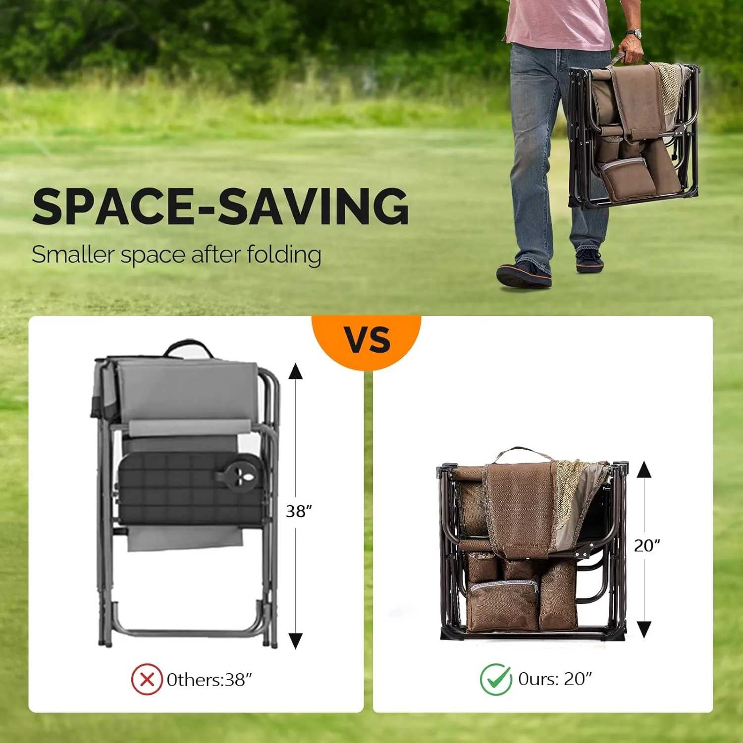 VINGLI Camping Chairs, Directors Chair, Camping Chair with Side Table & Carry Bag，Heavy Duty Camping Chairs for Adults, Portable Folding Camping Chair, Pocket for Beach, Fishing,Trip,Picnic,Lawn-Brown