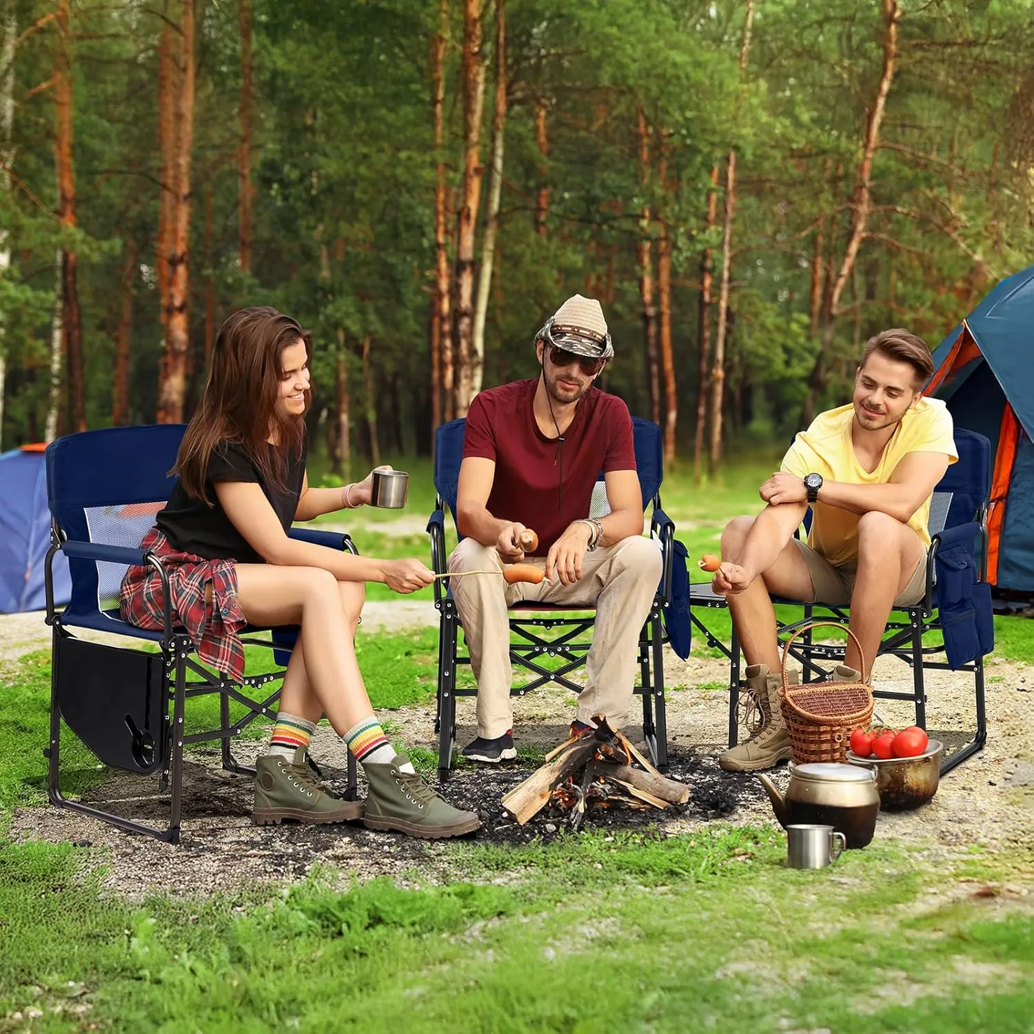 VINGLI Camping Chairs, Directors Chair, Camping Chair with Side Table & Carry Bag，Heavy Duty Camping Chairs for Adults,Portable Folding Camping Chair 2 Pack, for Beach, Fishing,Trip,Picnic,Lawn-Blue