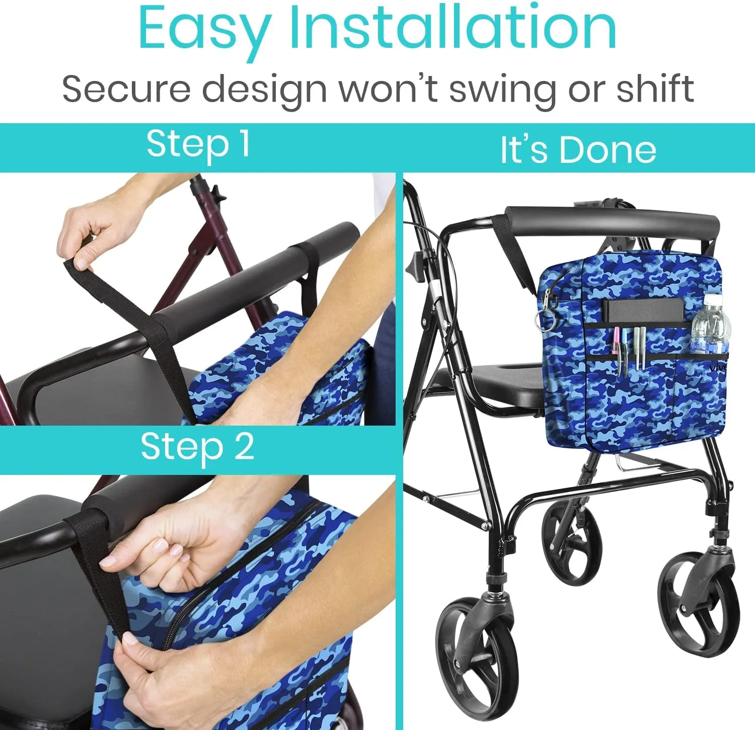Vive Wheelchair Bag - Machine Washable, Double-Stitched, Water-Resistant Accessory Backpack for Rollators, Wheel Chairs, Walkers - Pouch with XL Pockets & Straps for Quick Installation