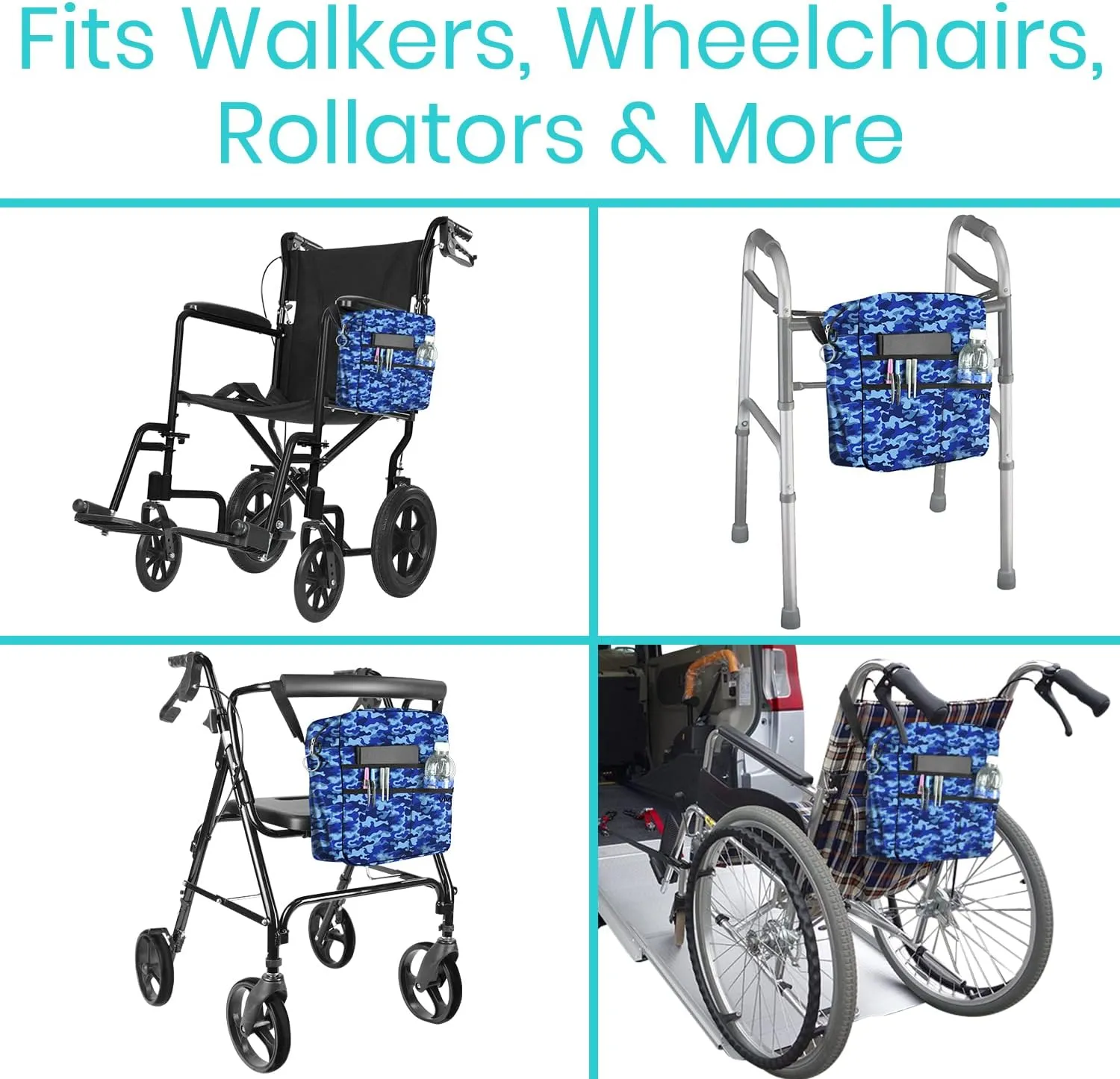 Vive Wheelchair Bag - Machine Washable, Double-Stitched, Water-Resistant Accessory Backpack for Rollators, Wheel Chairs, Walkers - Pouch with XL Pockets & Straps for Quick Installation