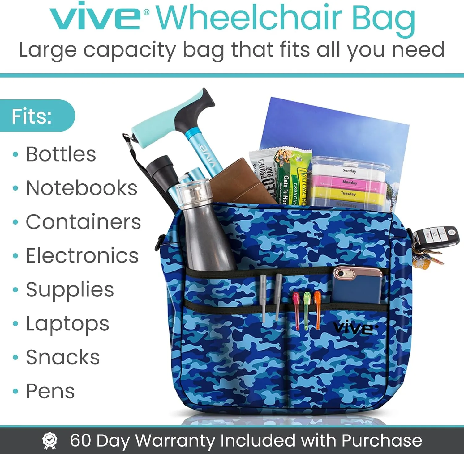 Vive Wheelchair Bag - Machine Washable, Double-Stitched, Water-Resistant Accessory Backpack for Rollators, Wheel Chairs, Walkers - Pouch with XL Pockets & Straps for Quick Installation