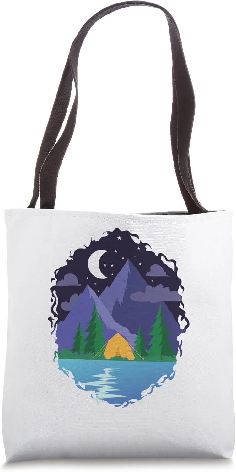 Waterfront Camping with Mountain Camping Tote Bag