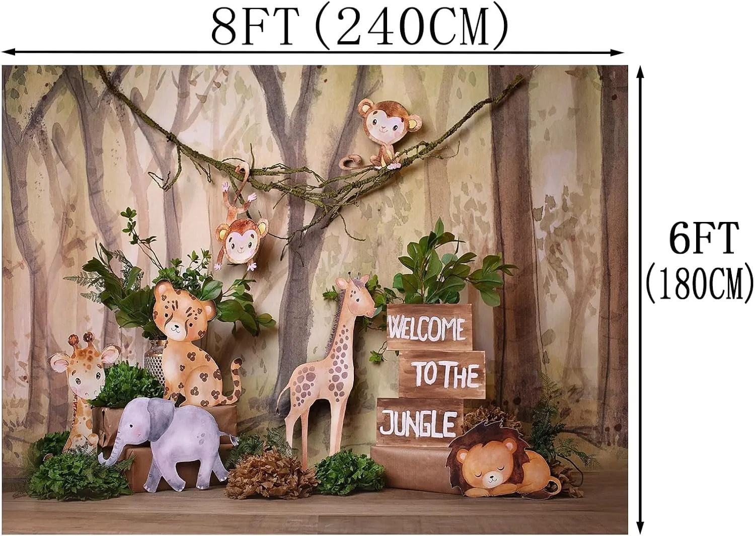 Welcome to The Jungle Photography Backdrop Safari Animals Wooden Background Cartoon Forest Baby Shower Birthday Party Cake Smash Candy Table Photo Decoration Studio Props LHC038 8X6FT