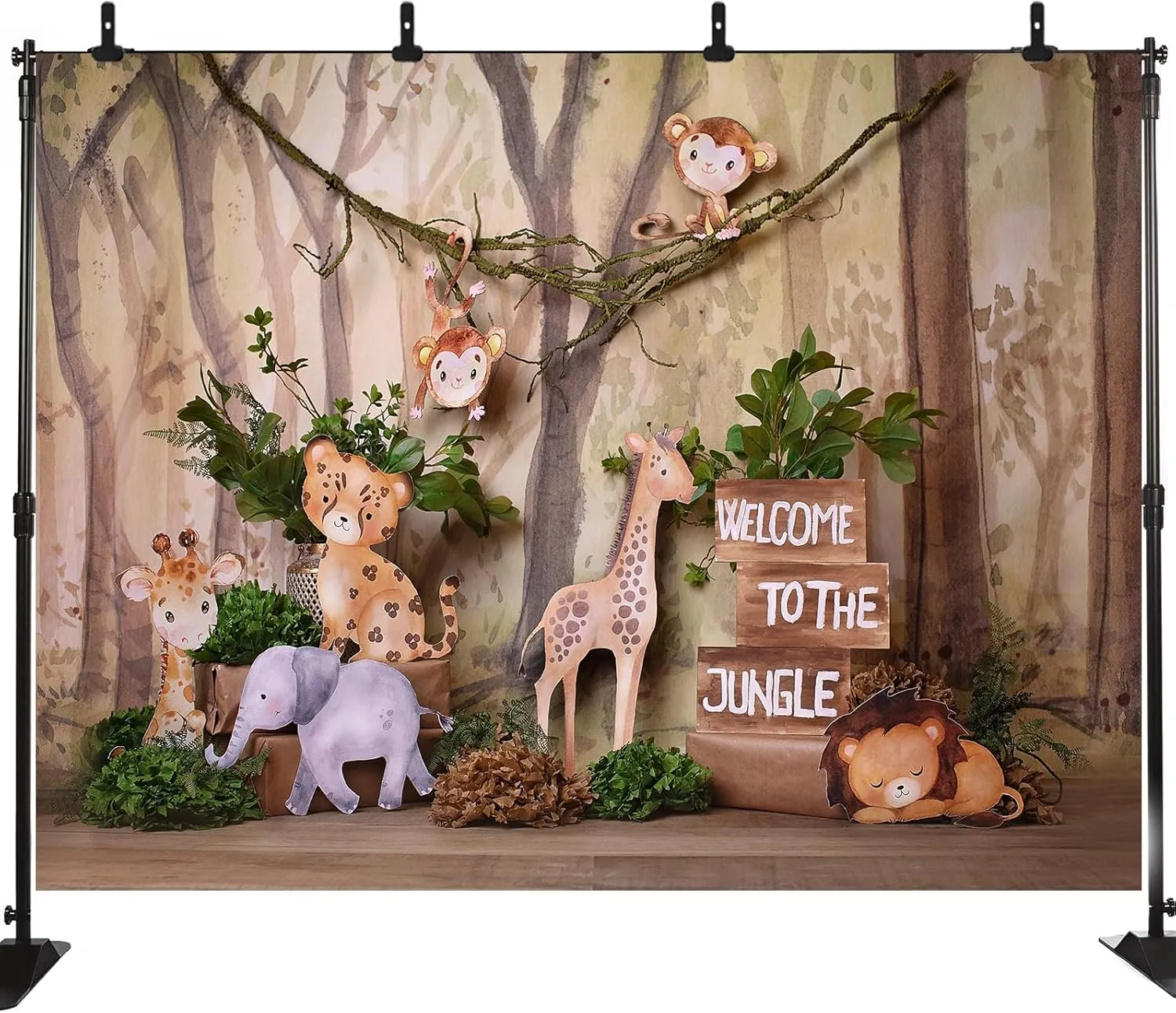 Welcome to The Jungle Photography Backdrop Safari Animals Wooden Background Cartoon Forest Baby Shower Birthday Party Cake Smash Candy Table Photo Decoration Studio Props LHC038 8X6FT