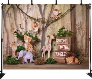 Welcome to The Jungle Photography Backdrop Safari Animals Wooden Background Cartoon Forest Baby Shower Birthday Party Cake Smash Candy Table Photo Decoration Studio Props LHC038 8X6FT