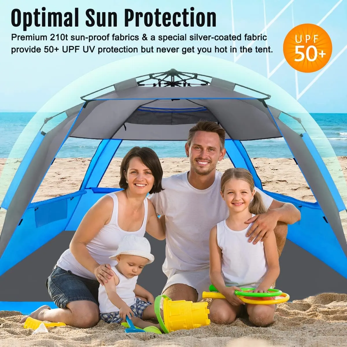 WhiteFang Deluxe Pop Up Beach Tent Sun Shade Shelter for 3-4/5-6 Person, UV Protection, Extendable Floor with 3 Ventilating Windows Plus Carrying Bag, Stakes, and Guy Lines