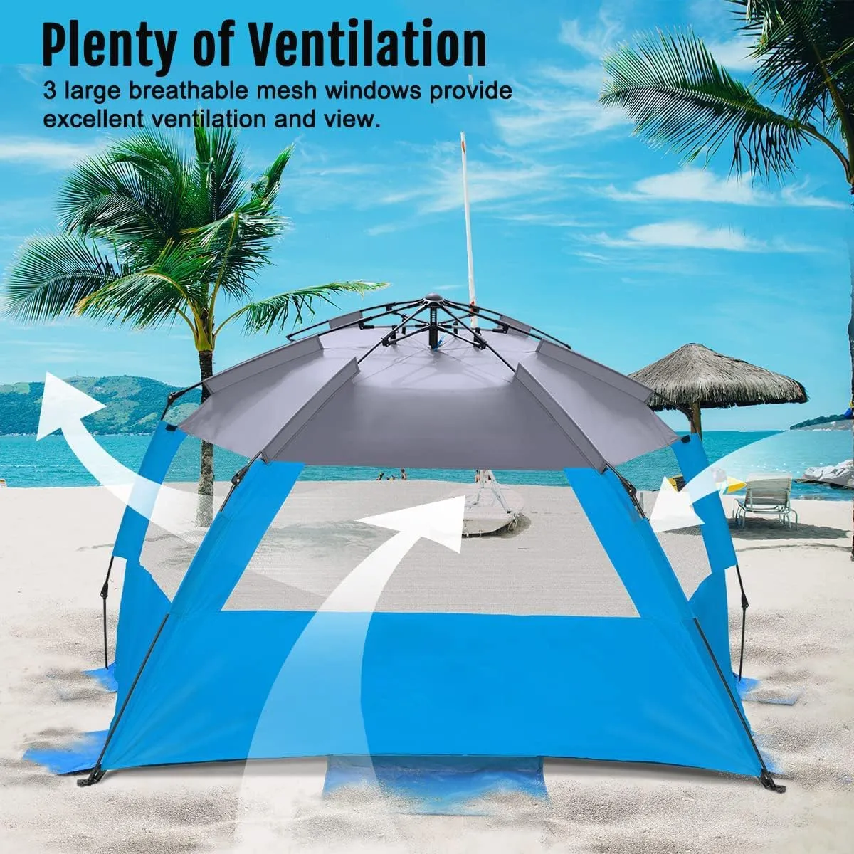 WhiteFang Deluxe Pop Up Beach Tent Sun Shade Shelter for 3-4/5-6 Person, UV Protection, Extendable Floor with 3 Ventilating Windows Plus Carrying Bag, Stakes, and Guy Lines