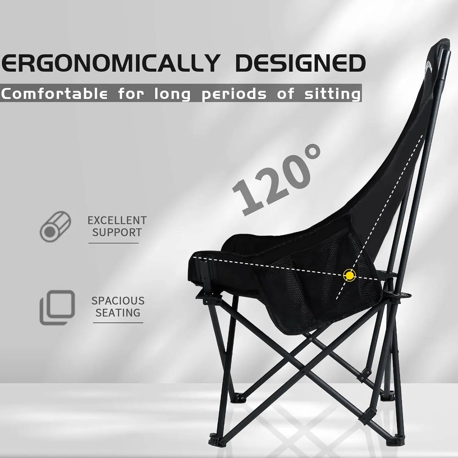 Whitsunday Camping Chair,Compact Backpacking Outdoor Chair,High Back Portable Folding Moon Chair for Heavy People,Beach Chair with Side Pocket-Black
