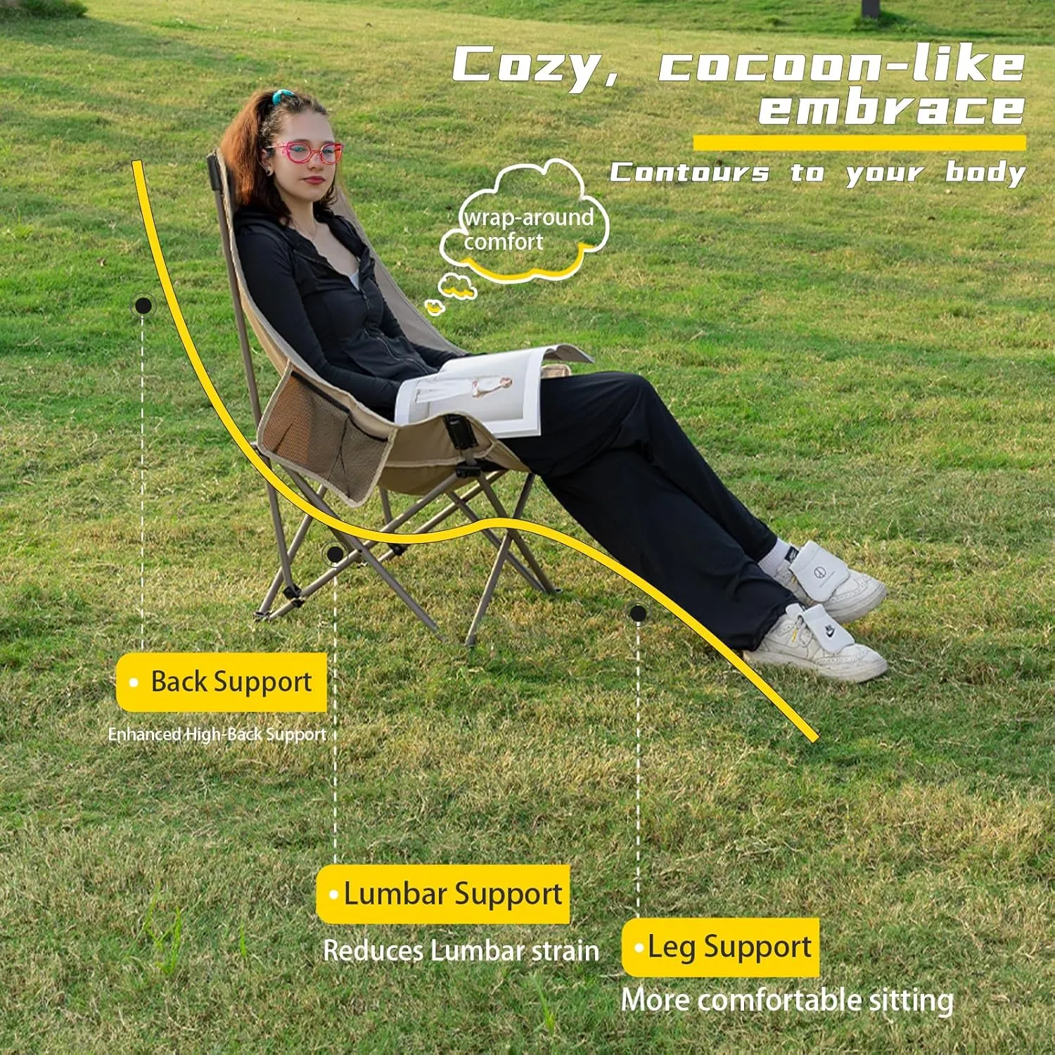 Whitsunday Camping Chair,Compact Backpacking Outdoor Chair,High Back Portable Folding Moon Chair for Heavy People,Beach Chair with Side Pocket-Black