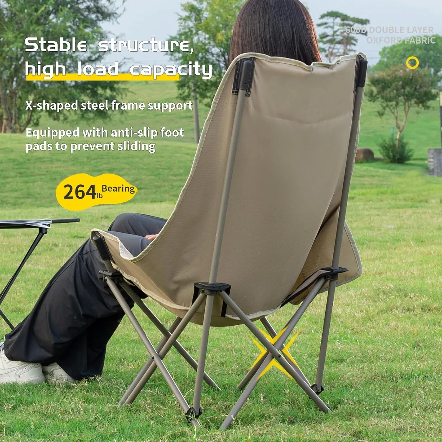 Whitsunday Camping Chair,Compact Backpacking Outdoor Chair,High Back Portable Folding Moon Chair for Heavy People,Beach Chair with Side Pocket-Black