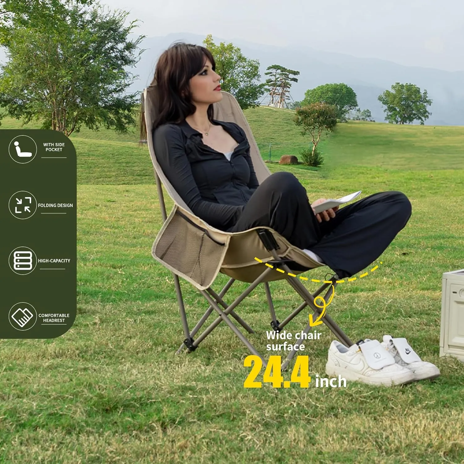 Whitsunday Camping Chair,Compact Backpacking Outdoor Chair,High Back Portable Folding Moon Chair for Heavy People,Beach Chair with Side Pocket-Black