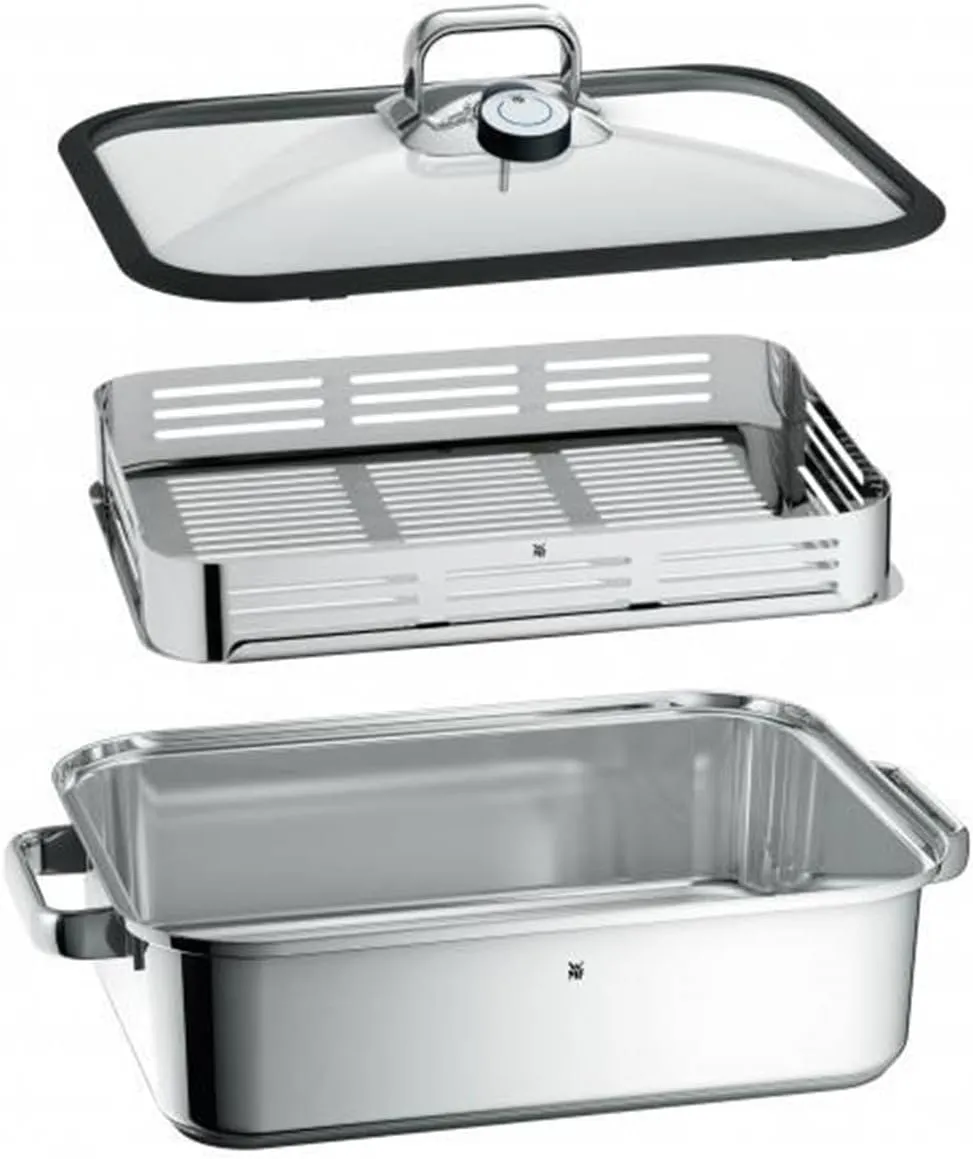 WMF Vitalis Compact with Silicone Edge/Thermometer/Aroma Steaming Rack Cromargan Steamer, Silver, 35 x 21.5 x 10 cm, 3.5 Litre