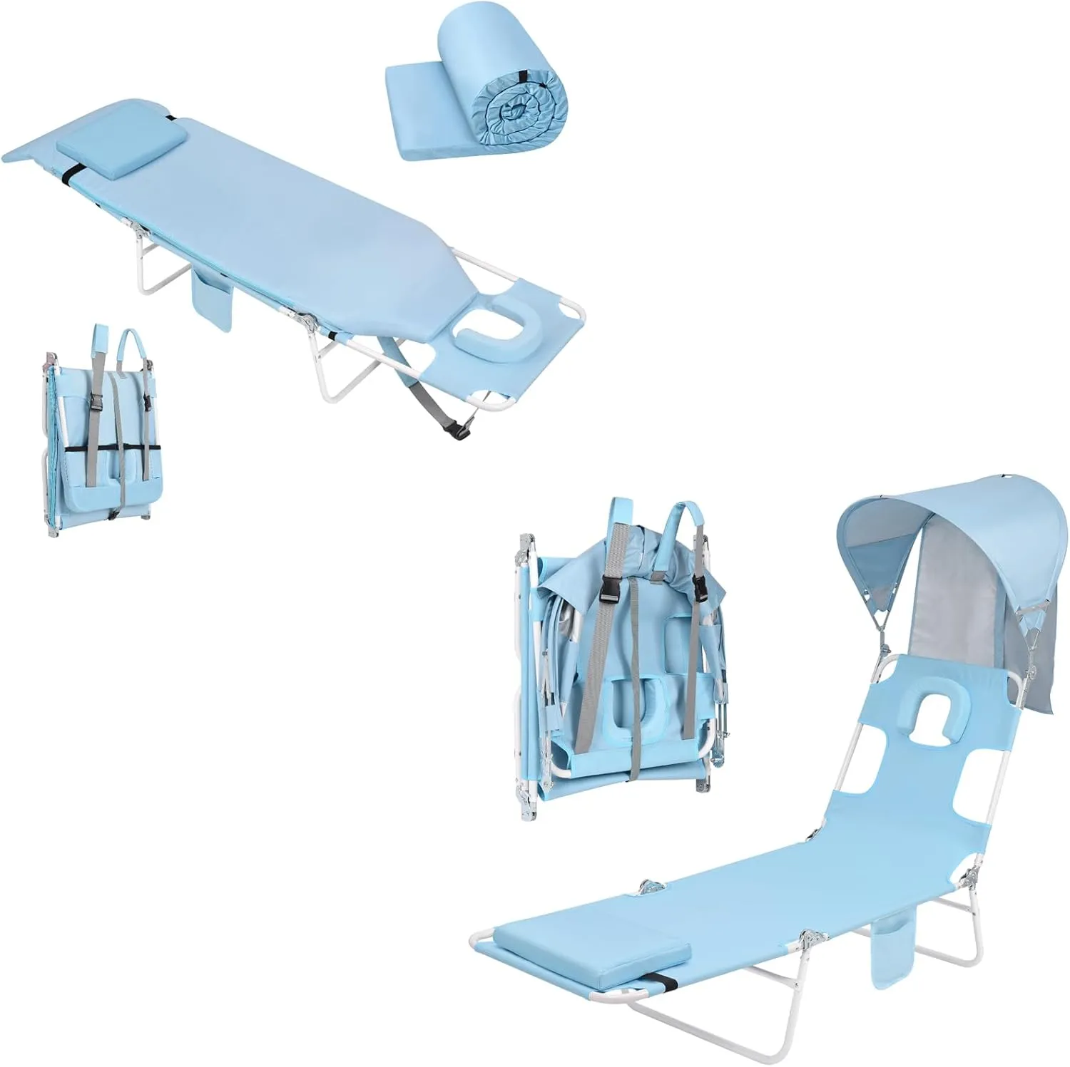 Women Comfort Backpack Tanning Beach Chair with Face Hole & Cushion   Beach Chair with Canopy Sun Shade