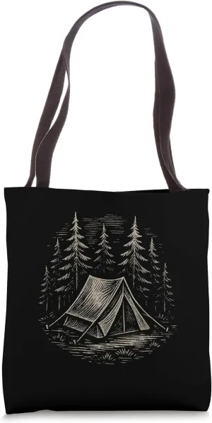 Woodcut Tent Forest Scene Tote Bag