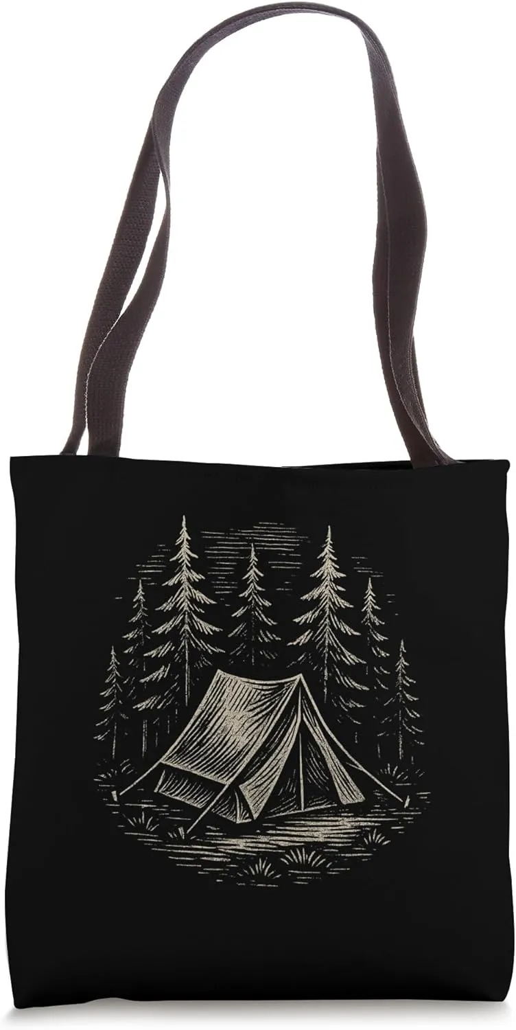 Woodcut Tent Forest Scene Tote Bag