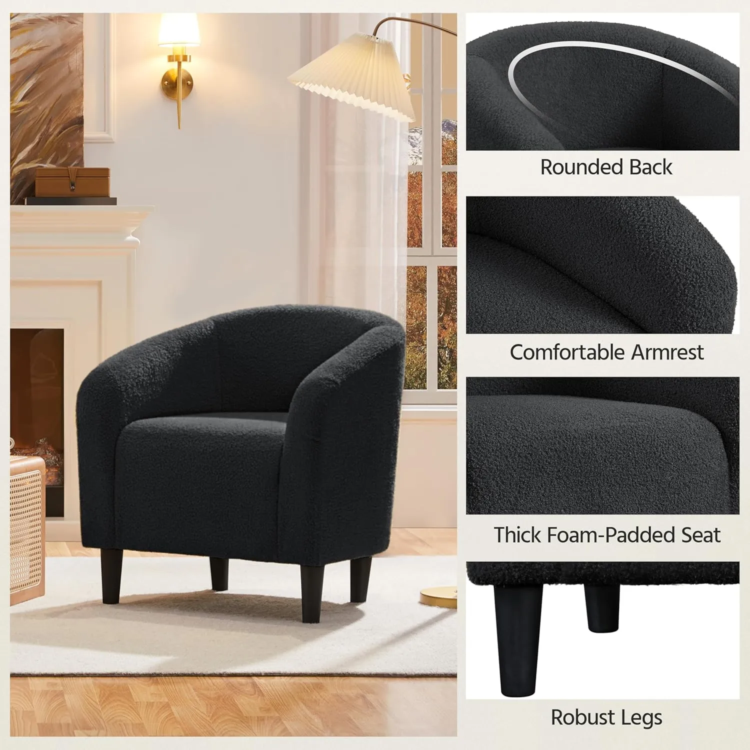 Yaheetech Accent Barrel Chair, Boucle Fabric Club Chair, Furry Sherpa Elegant Armchair with Cozy Soft Padded, Suitable for Living Room Bedroom Reception Room Office, Dark Gray
