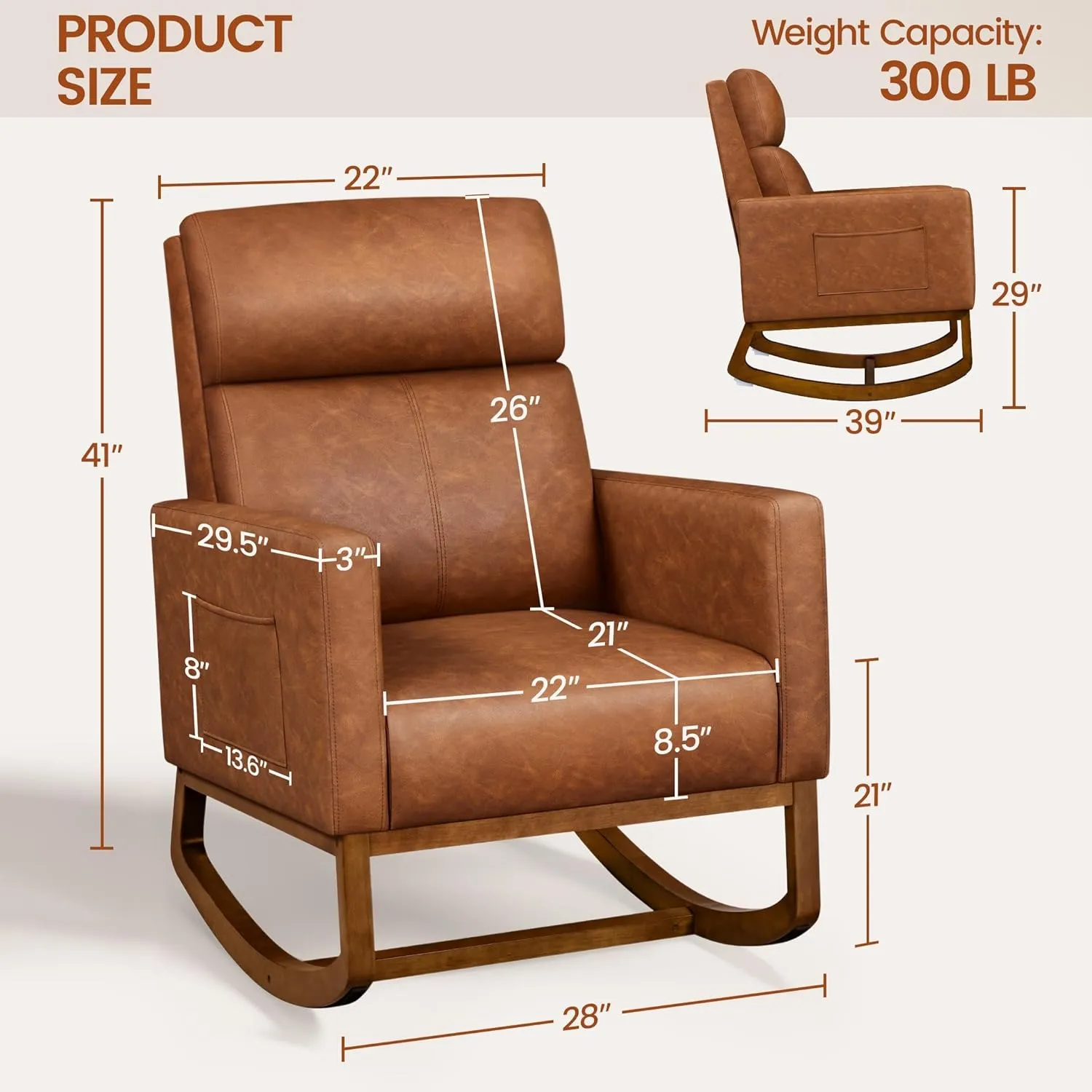 Yaheetech Leather Glider Chair, Modern Rocking Chair, Nursery Faux Leather Glider Chair with Rubber Wood Legs and Side Pocket, Rocking Accent Armchair for Living Room, Bedroom, Brown