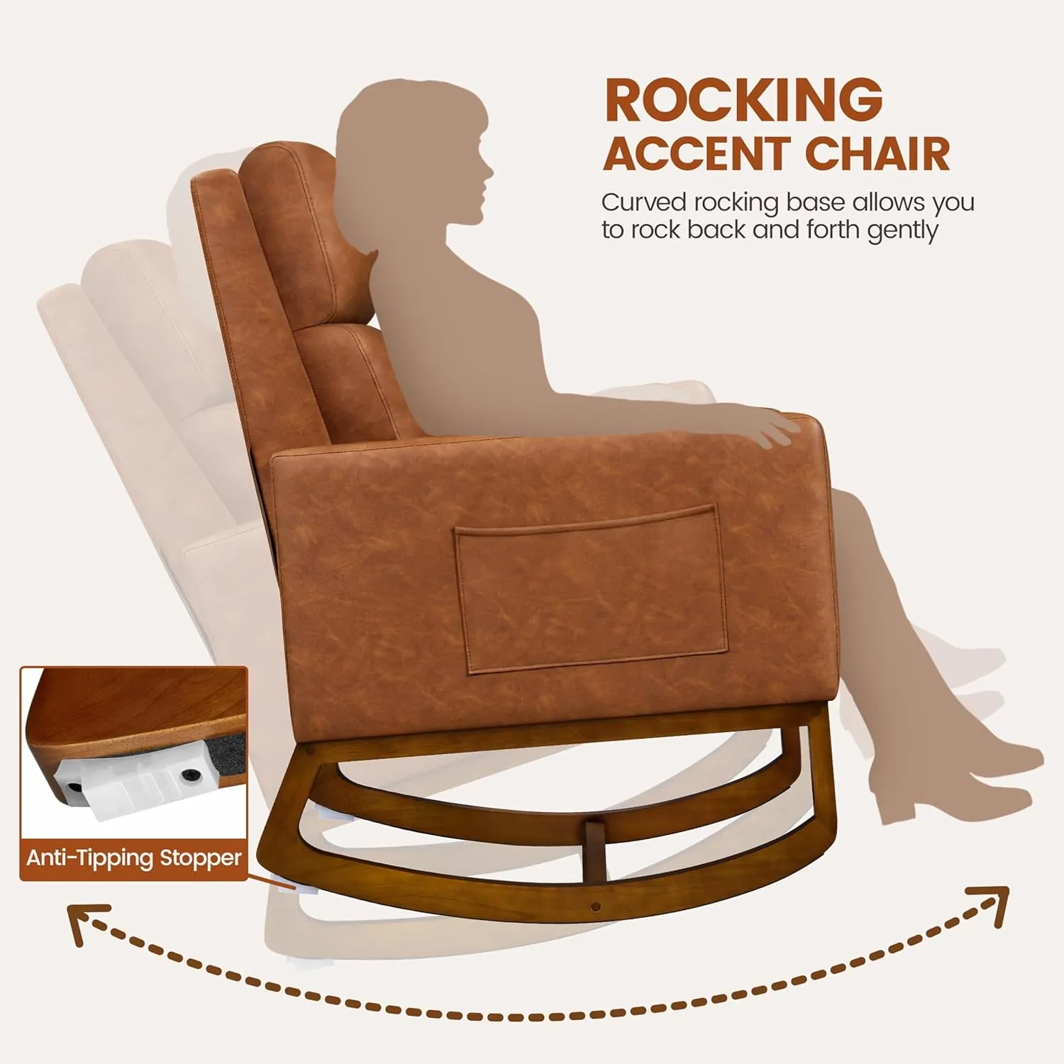 Yaheetech Leather Glider Chair, Modern Rocking Chair, Nursery Faux Leather Glider Chair with Rubber Wood Legs and Side Pocket, Rocking Accent Armchair for Living Room, Bedroom, Brown