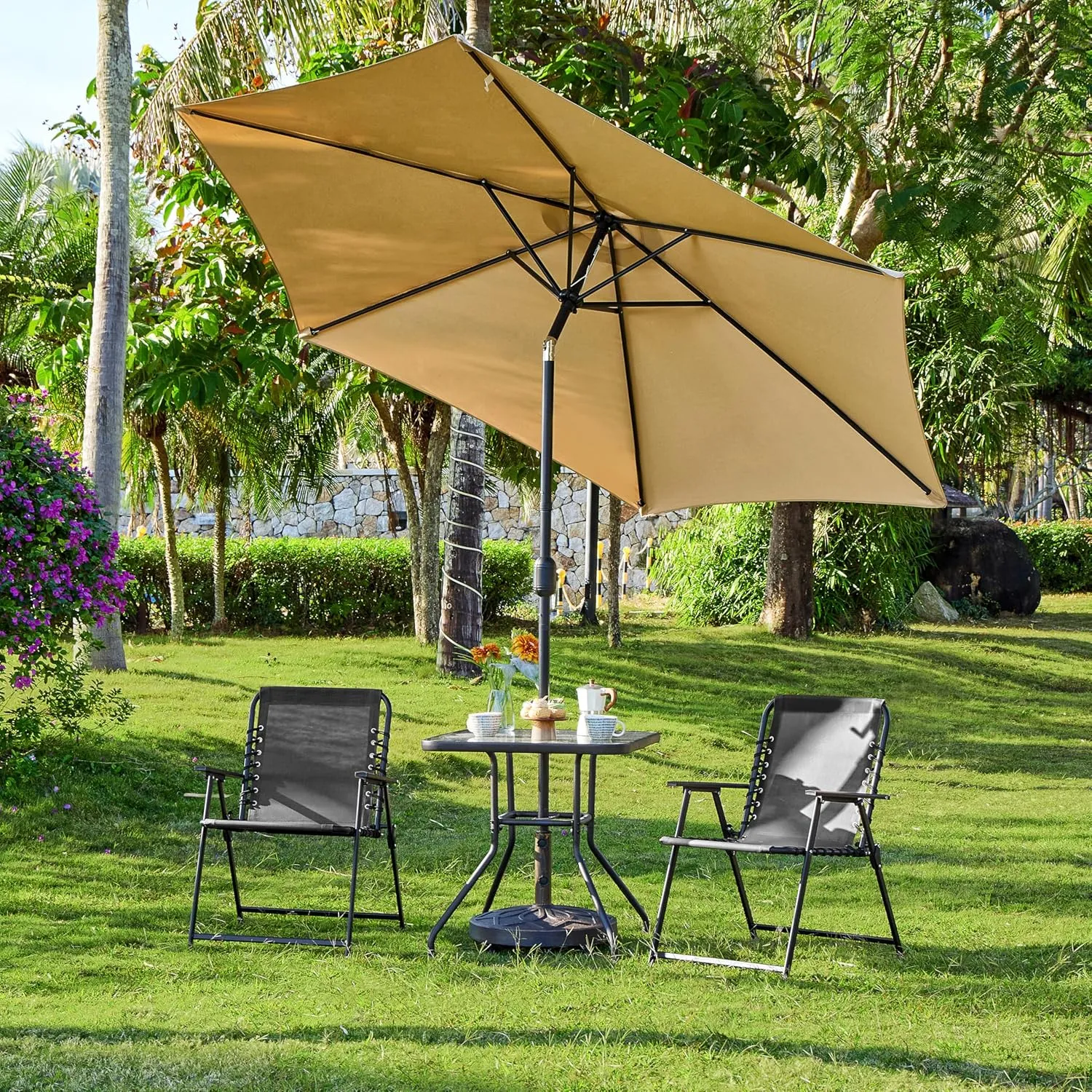 Yaheetech Patio Dining Chairs Set of 4 with Armrests and Backrests, Outdoor Texteline Folding Chairs All Weather for Garden, Lawn, Porch and Backyard, Dark Gray