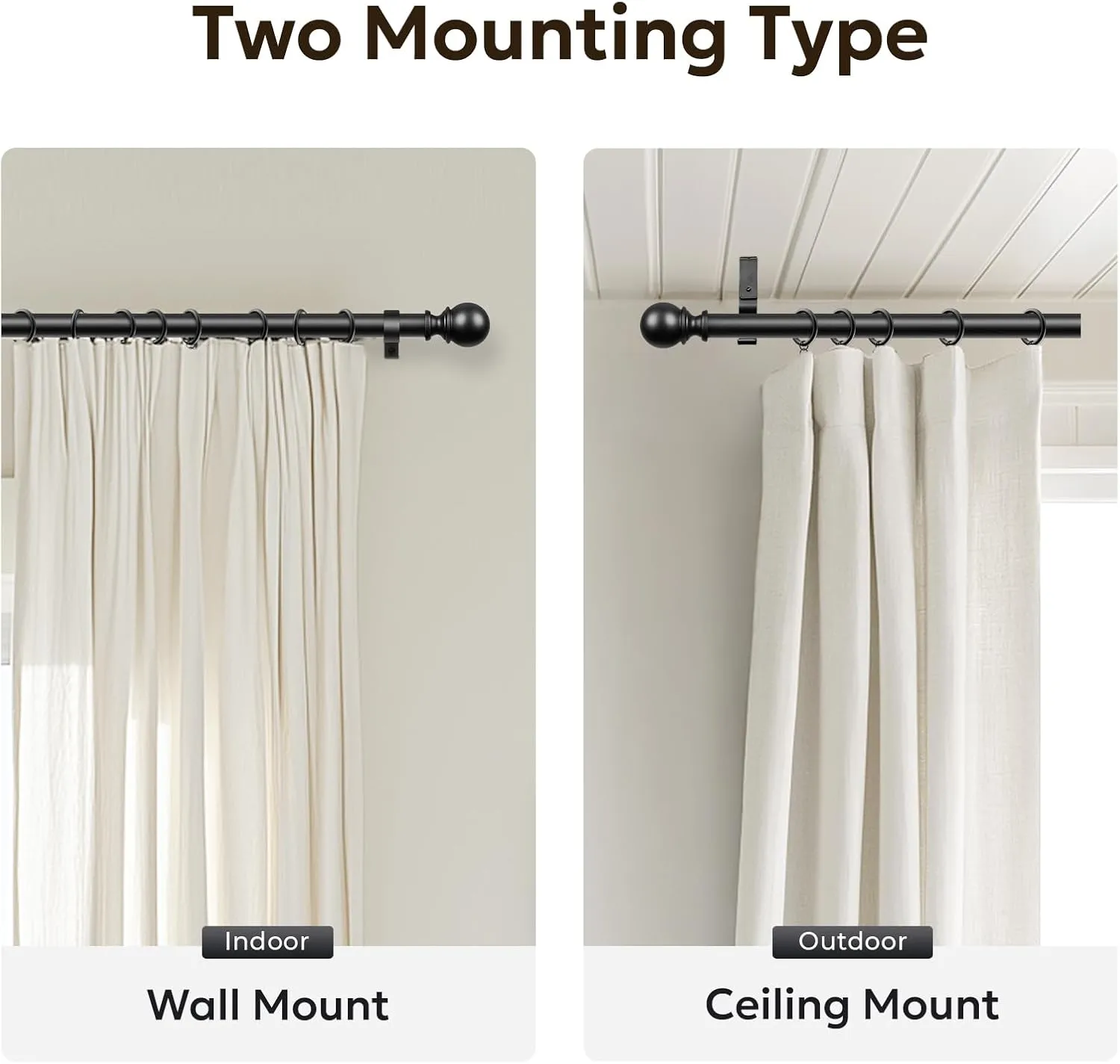 Zeerobee Curtain Rods for Windows 32 to 144, Adjustable Heavy Duty Wrap Around 1 Inch Curtain Rod, Outdoor Indoor Room Divider Modern Drapery Pole, Black, 32-144"