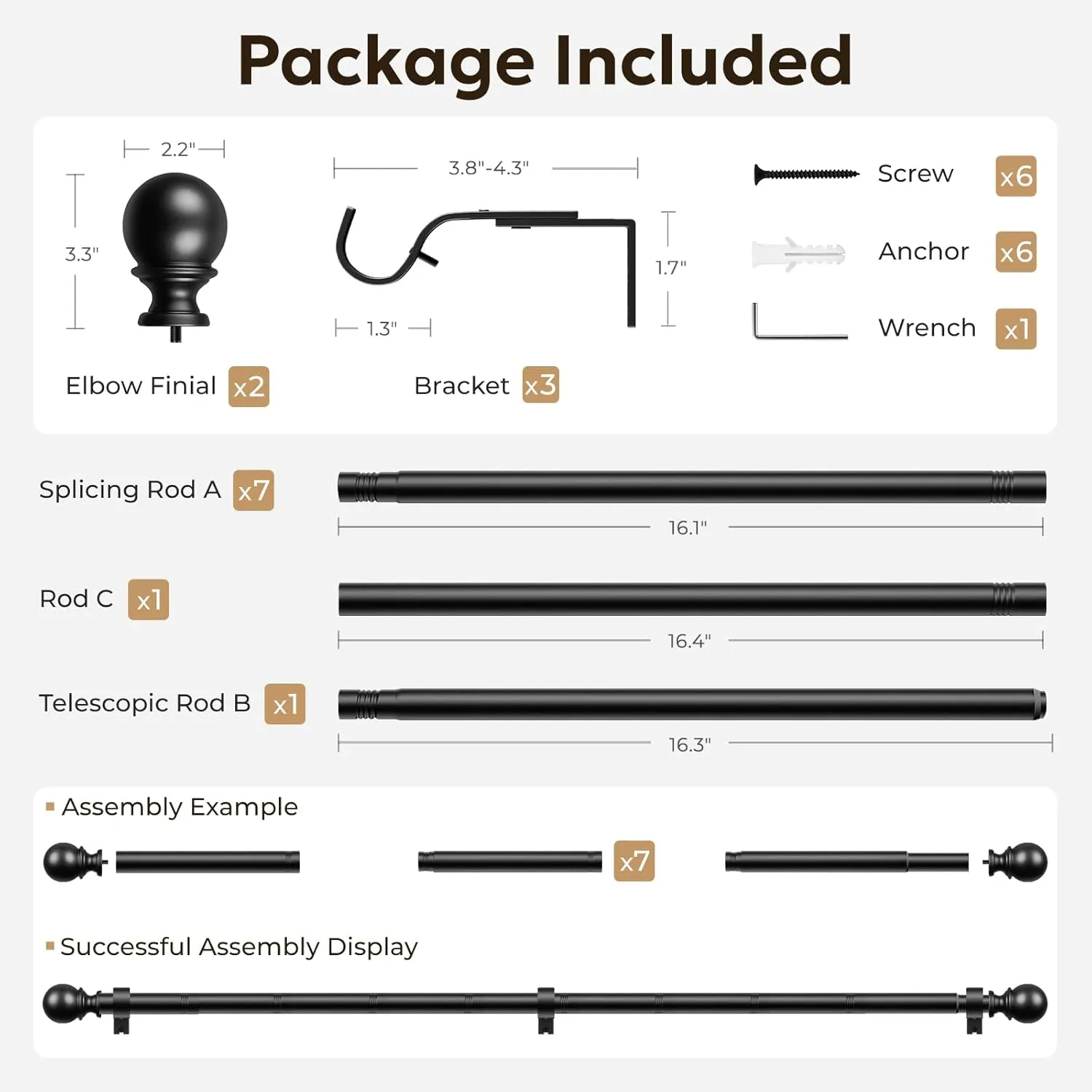 Zeerobee Curtain Rods for Windows 32 to 144, Adjustable Heavy Duty Wrap Around 1 Inch Curtain Rod, Outdoor Indoor Room Divider Modern Drapery Pole, Black, 32-144"