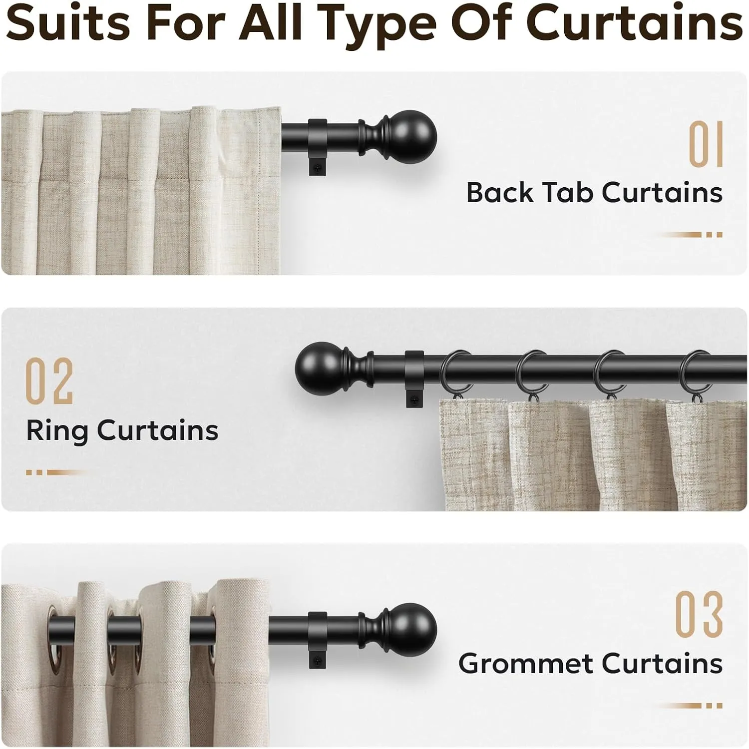 Zeerobee Curtain Rods for Windows 32 to 144, Adjustable Heavy Duty Wrap Around 1 Inch Curtain Rod, Outdoor Indoor Room Divider Modern Drapery Pole, Black, 32-144"