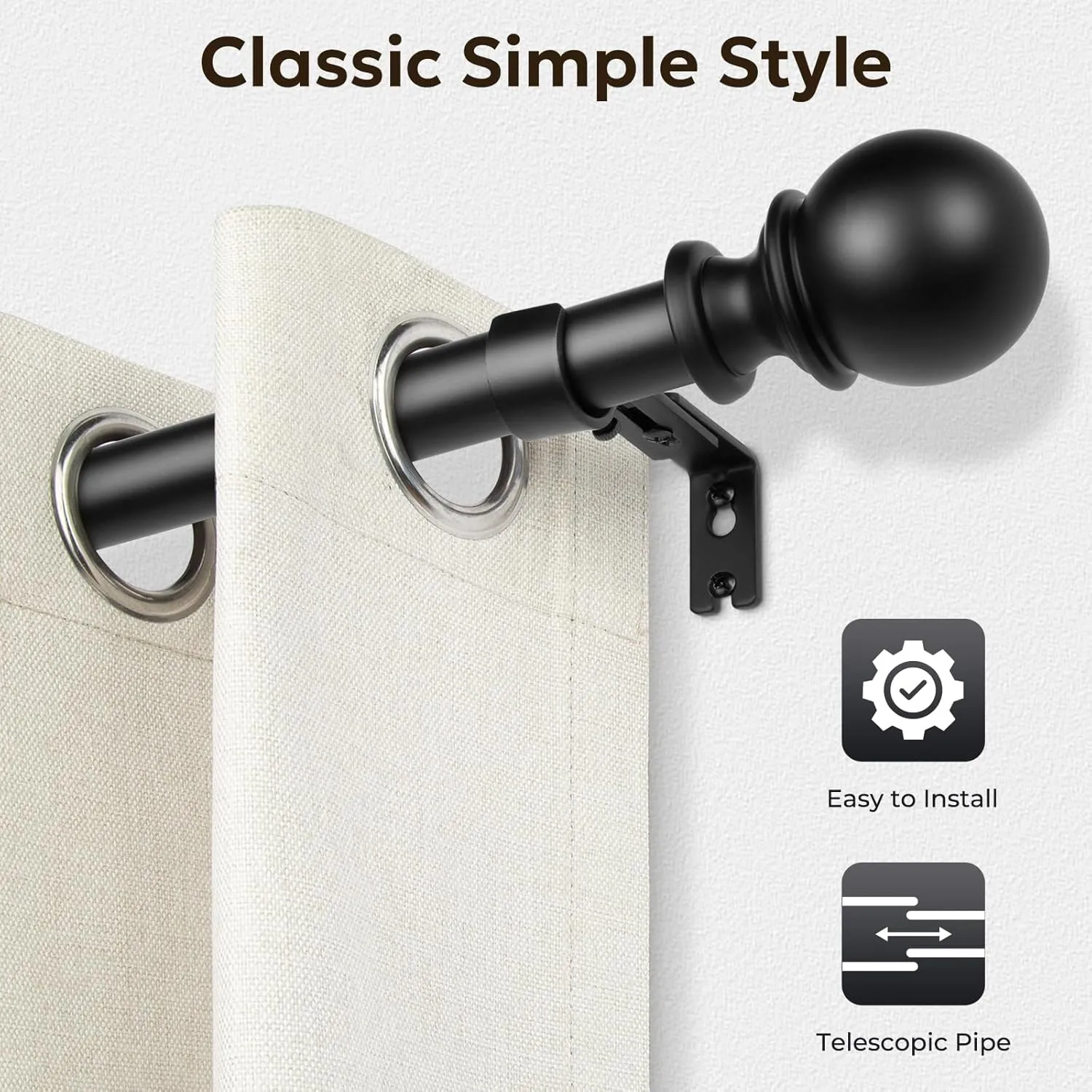 Zeerobee Curtain Rods for Windows 32 to 144, Adjustable Heavy Duty Wrap Around 1 Inch Curtain Rod, Outdoor Indoor Room Divider Modern Drapery Pole, Black, 32-144"