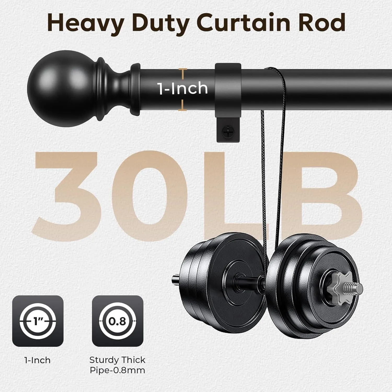 Zeerobee Curtain Rods for Windows 32 to 144, Adjustable Heavy Duty Wrap Around 1 Inch Curtain Rod, Outdoor Indoor Room Divider Modern Drapery Pole, Black, 32-144"