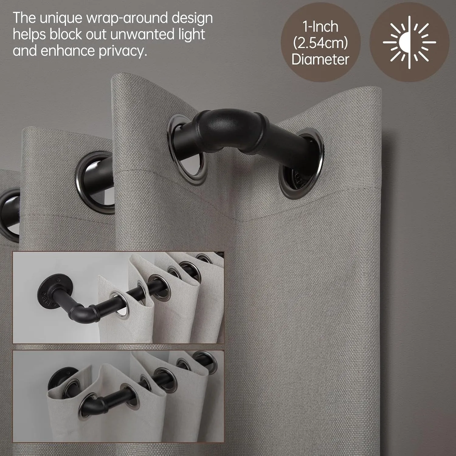 Zeerobee Curtain Rods for Windows 32 to 72, 1 Inch Industrial Wrap Around Black Curtain Rod, Indoor/Outdoor Room Divider Adjustable Drapery Pole, 32"-72"