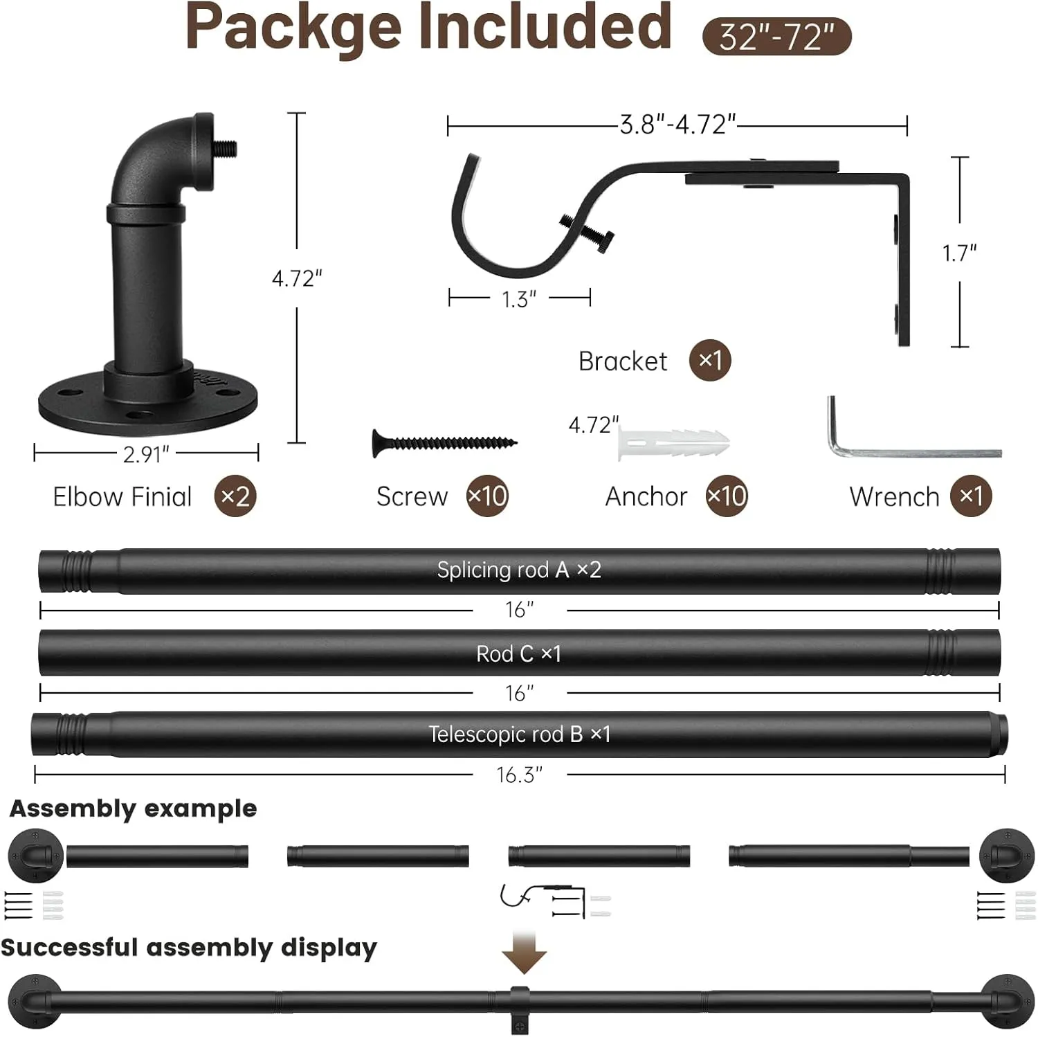 Zeerobee Curtain Rods for Windows 32 to 72, 1 Inch Industrial Wrap Around Black Curtain Rod, Indoor/Outdoor Room Divider Adjustable Drapery Pole, 32"-72"