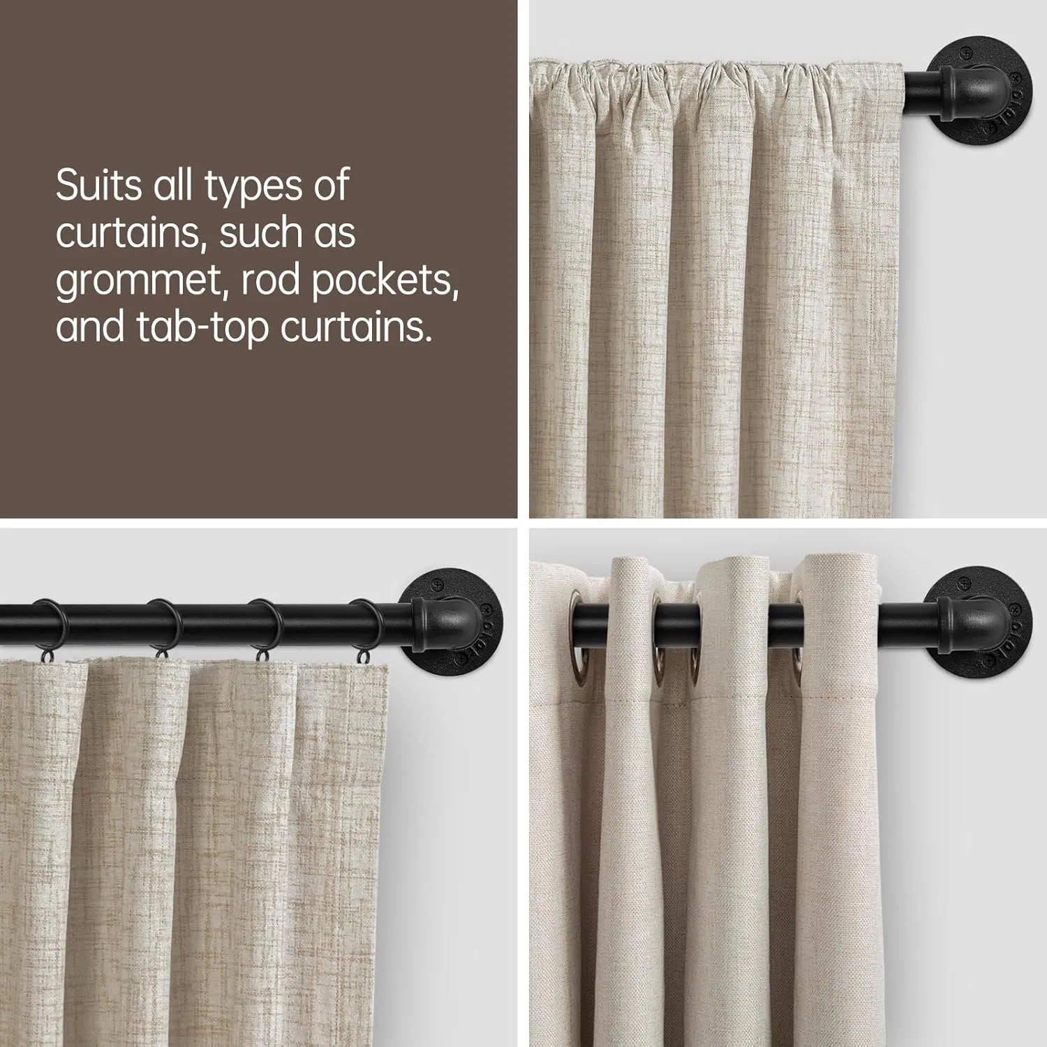Zeerobee Curtain Rods for Windows 32 to 72, 1 Inch Industrial Wrap Around Black Curtain Rod, Indoor/Outdoor Room Divider Adjustable Drapery Pole, 32"-72"