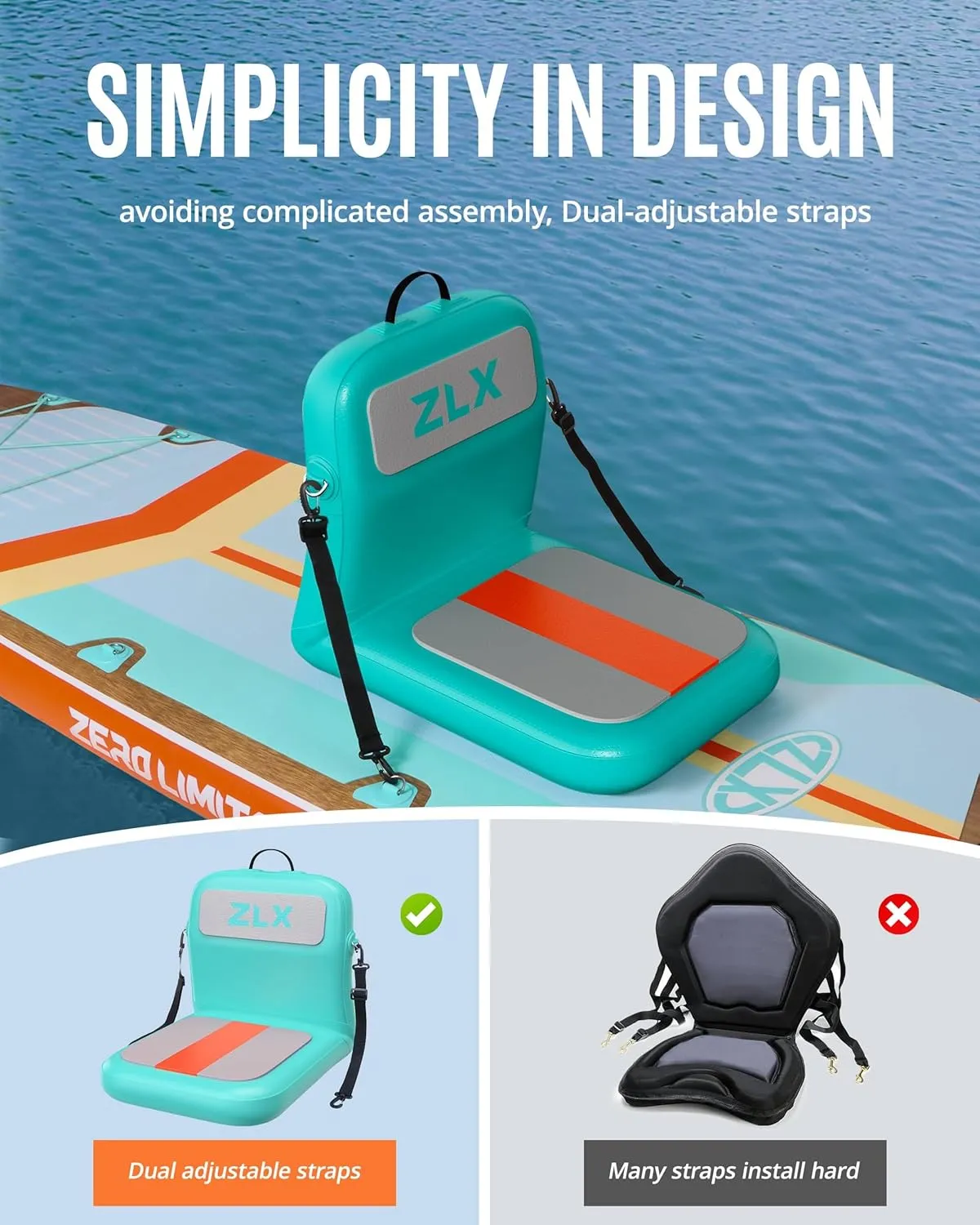 ZLX Paddle Board Seat with Back Support, Portable Kayak Seat, Air Pump Included, Universal Inflatable Seat for Adults, Foldable Ergonomic Design, Easy Fix for Outdoor Fishing/Kayaking/Camping