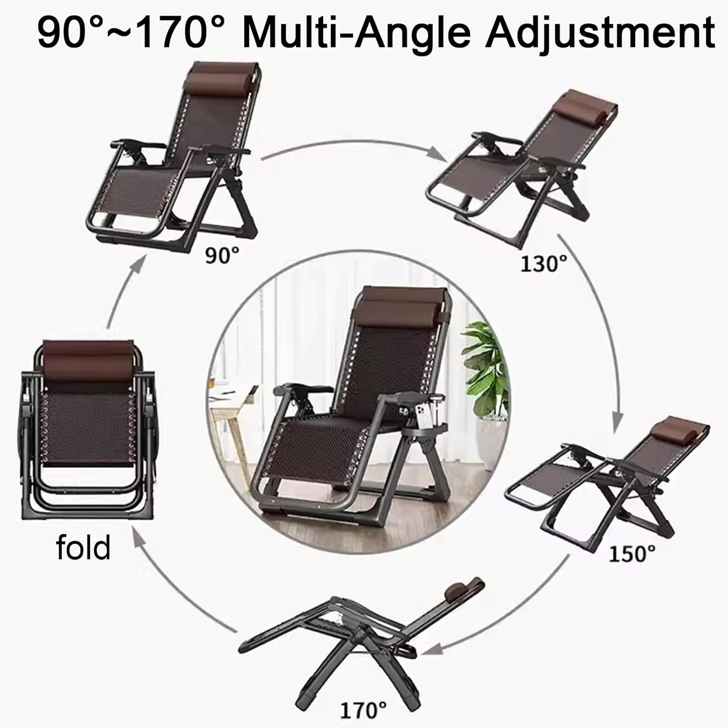 ZTGL A, Folding Patio Recliner with Adjustable Headrest and Cup Holder, Outdoor Camp Chair, Portable Folding Cot, Camping Cot, Foldable Sunbathing Lounge Chairs