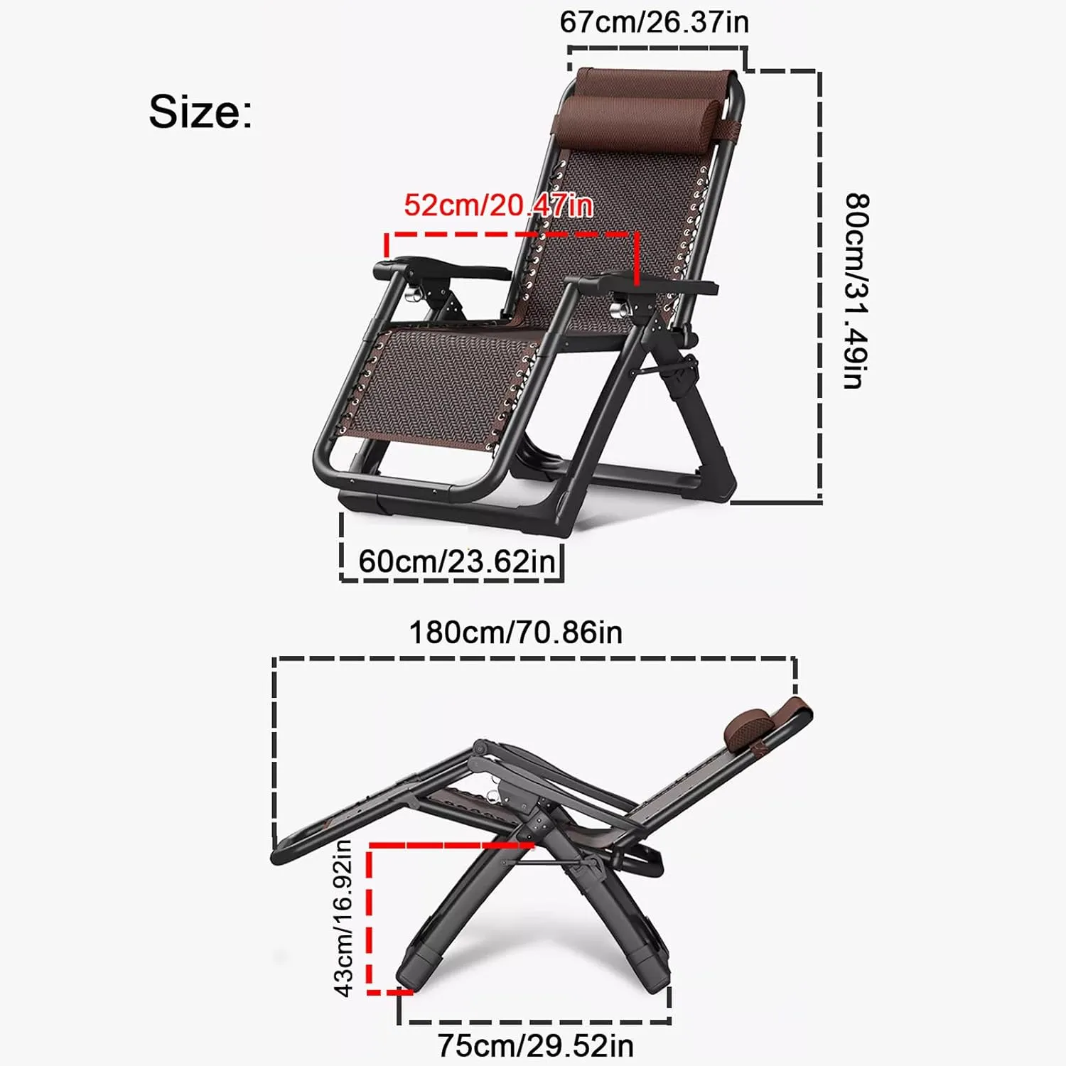 ZTGL A, Folding Patio Recliner with Adjustable Headrest and Cup Holder, Outdoor Camp Chair, Portable Folding Cot, Camping Cot, Foldable Sunbathing Lounge Chairs