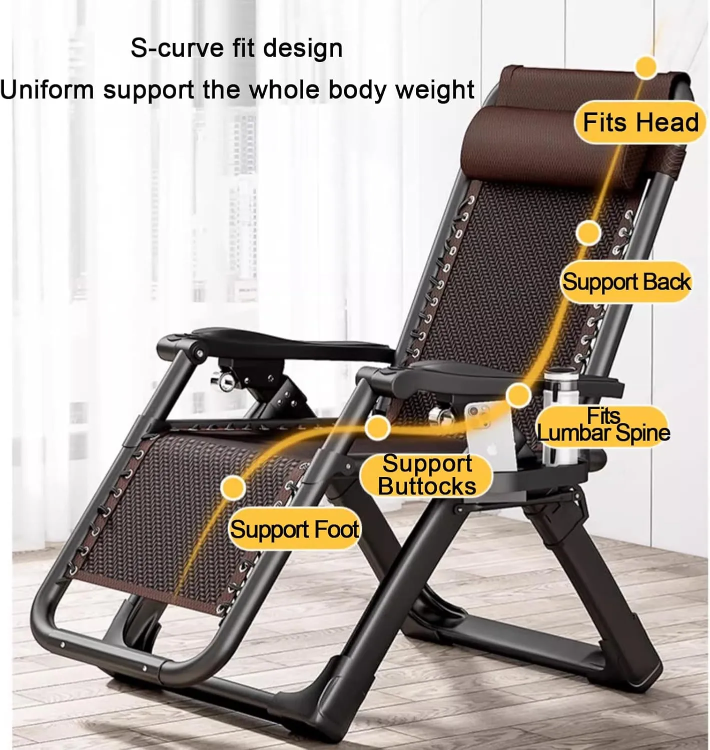ZTGL A, Folding Patio Recliner with Adjustable Headrest and Cup Holder, Outdoor Camp Chair, Portable Folding Cot, Camping Cot, Foldable Sunbathing Lounge Chairs