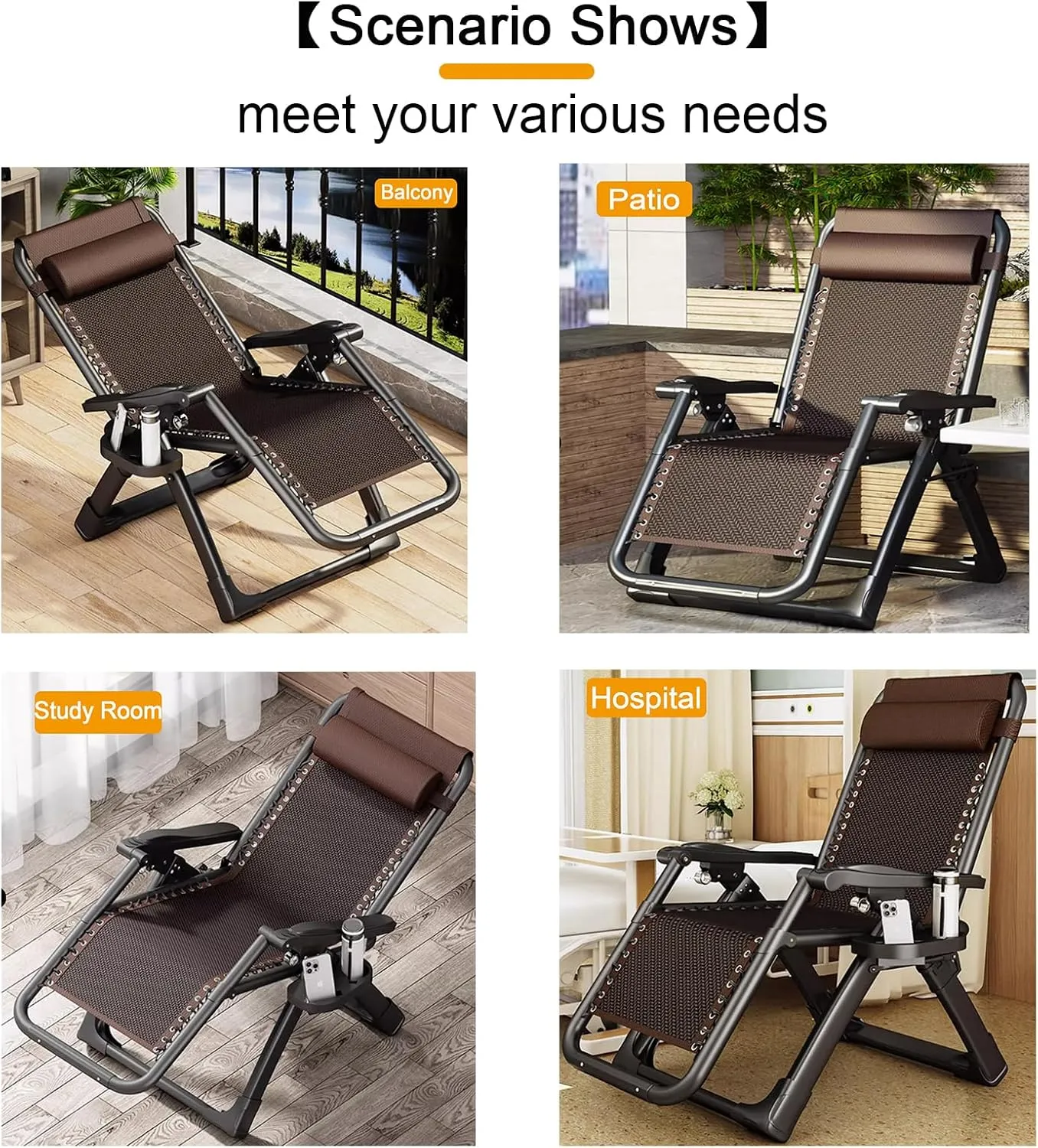 ZTGL A, Folding Patio Recliner with Adjustable Headrest and Cup Holder, Outdoor Camp Chair, Portable Folding Cot, Camping Cot, Foldable Sunbathing Lounge Chairs
