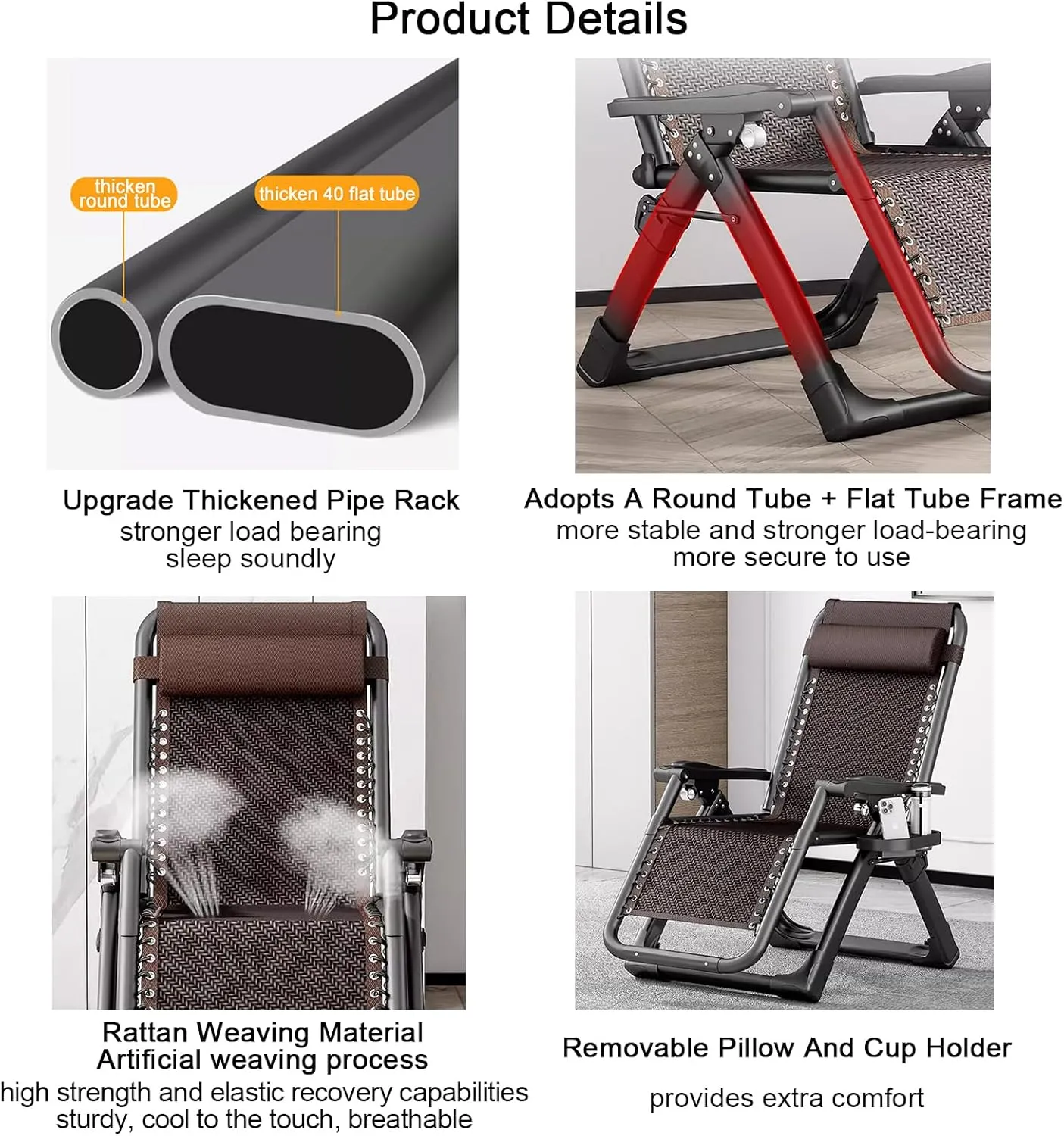 ZTGL A, Folding Patio Recliner with Adjustable Headrest and Cup Holder, Outdoor Camp Chair, Portable Folding Cot, Camping Cot, Foldable Sunbathing Lounge Chairs